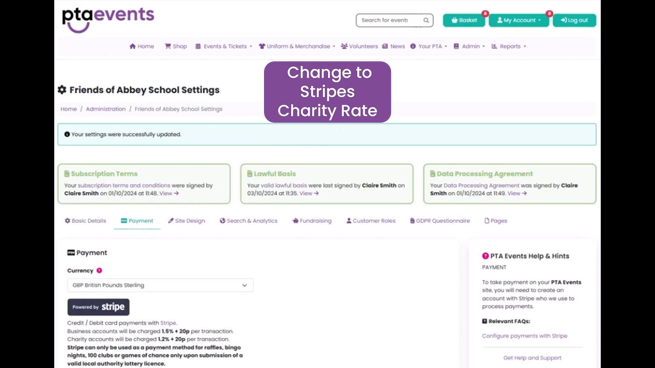 PTA Events Tutorial - How do I change to Stripe charity rate on platform