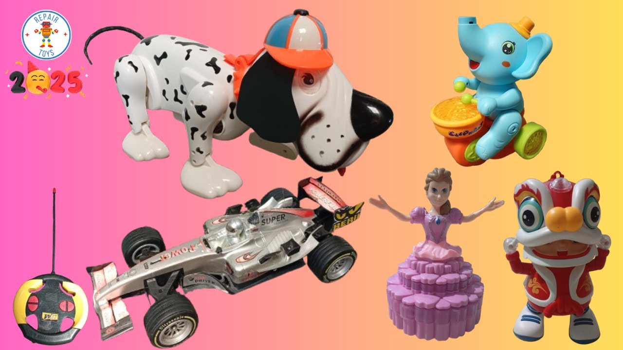 Repair five toys: Dog in hat, racing car, elephant on bike, princess, lion dance boy - Sửa 5 đồ chơi