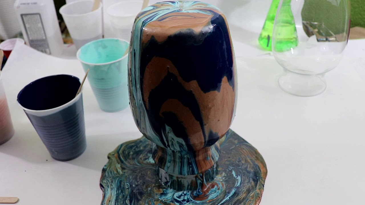 (204) Acrylic Pour on a Vase, Blue and Turquoise