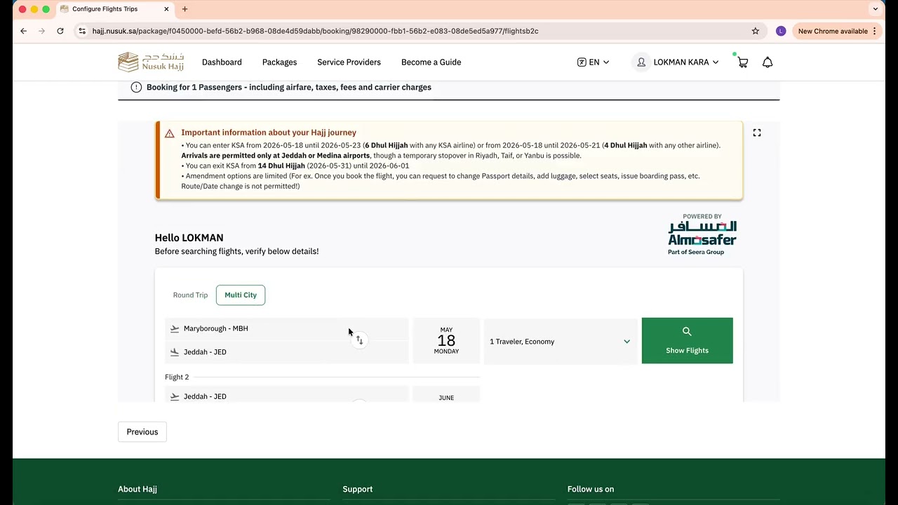 Nusuk Hajj Tutorial   How to select custom flights