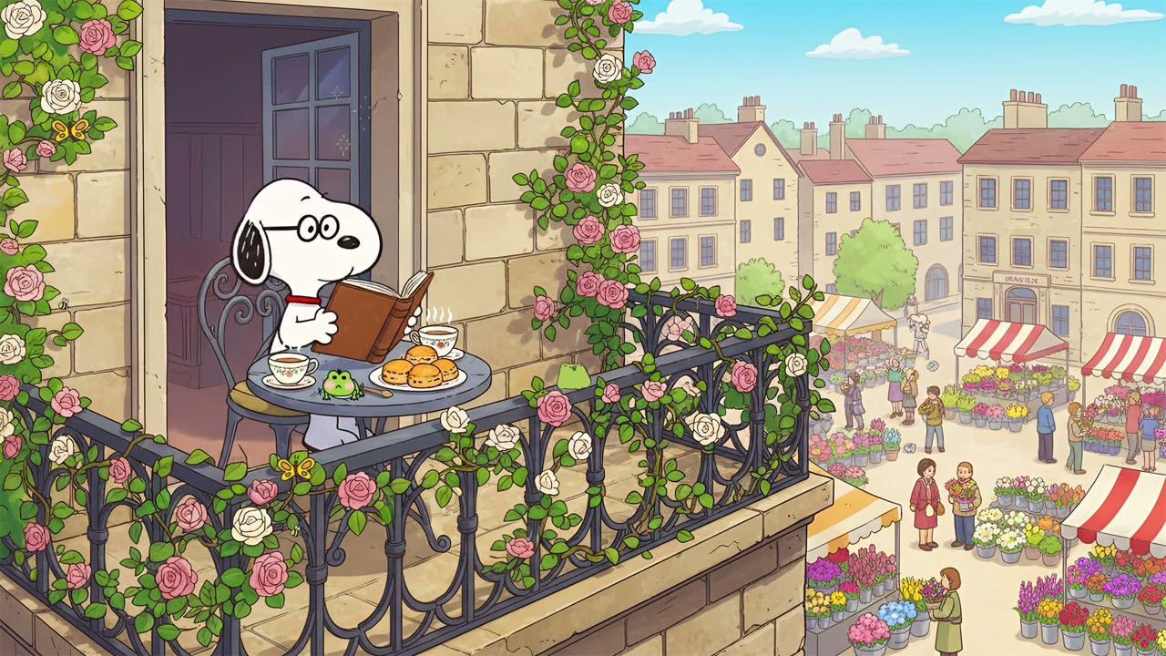 Snoopy Balcony with Flowers 🌸☕ Cozy Lofi Hip Hop Beats 📖 for Relaxing & Study Focus