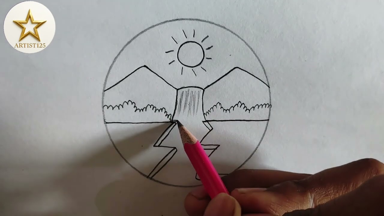 Easy Mountain Waterfall Scenery Drawing 🌄 | Circle Nature Drawing | Pencil Shading Step by Step