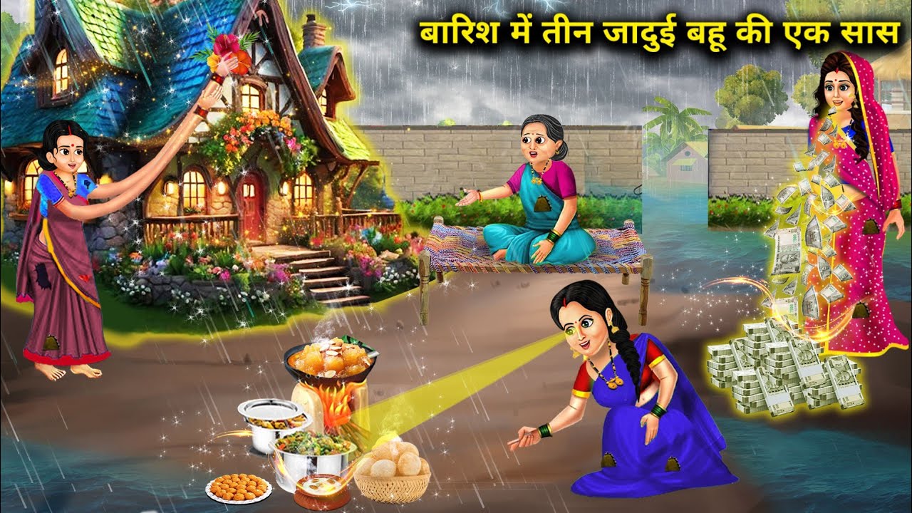 बारिश में तीन जादुई बहू की एक सास||cartoon videos||One mother-in-law of three magical daughtersinlaw