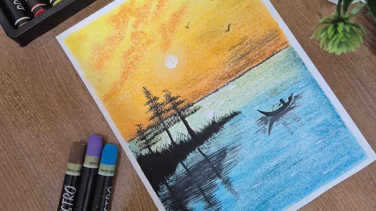 Easy Sunset Boat Scenery Drawing with Oil Pastels 🎨#art #oilpastel 