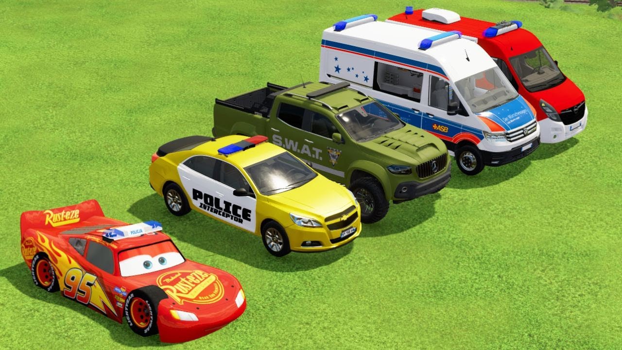 TRANSPORTING DACIA, MCQUEEN CAR, FORD POLICE CAR, AMBULANCE EMERGENCY WITH MAN TRUCKS FS22 #55