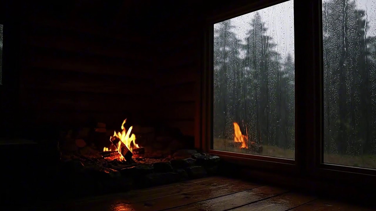 Heavy Rainfall Sounds and Fireplace Ambience for Relaxation