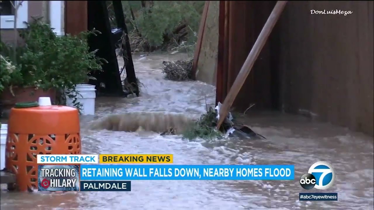 Retaining wall in Palmdale falls during Tropical Storm Hilary, floods nearby homes