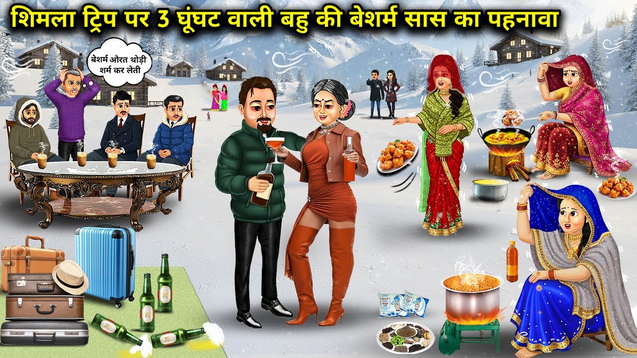 शिमला ट्रिप पर 3 घूंघट वाली बहु की बेशर्म सास का पहनावा। Cartoon videos। Mixed Chacha Story।