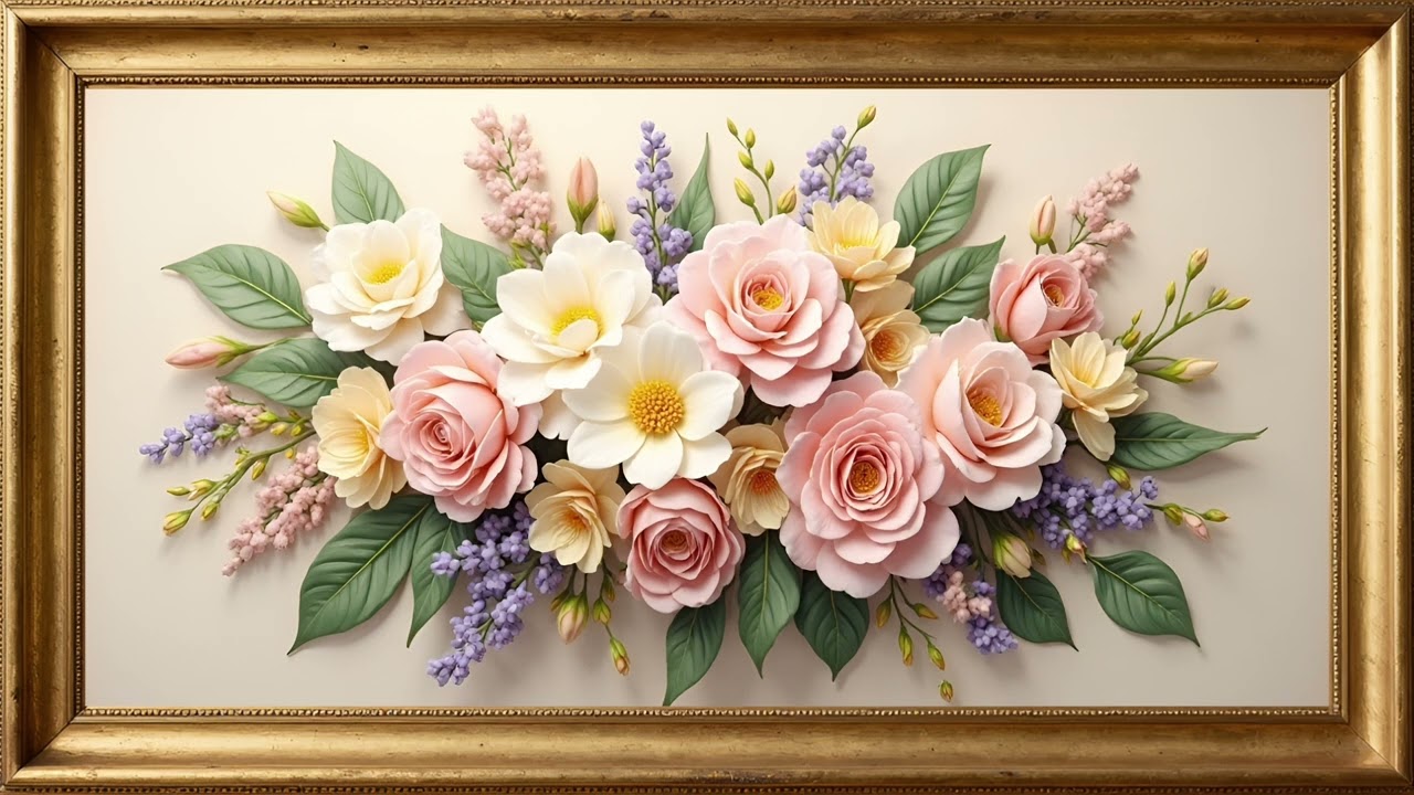 Elegant Floating Floral Bouquet in Golden Frame – Ultra-Realistic Oil Painting | TV Art Screensaver