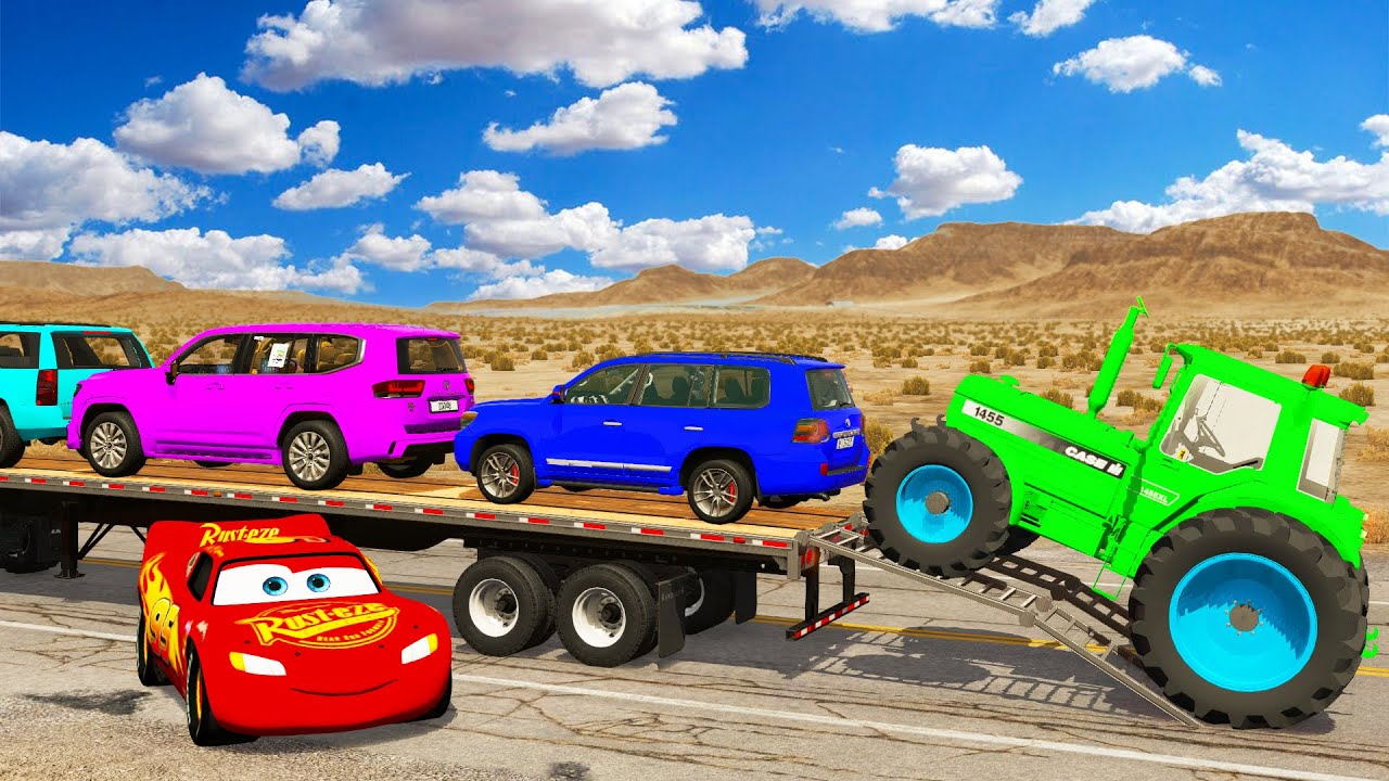 TRANSPORTING PIXAR CARS & FRUITS WITH COLORED & JOHN DEERE vs CLAAS vs TRACTORS - BeamNG.drive #825