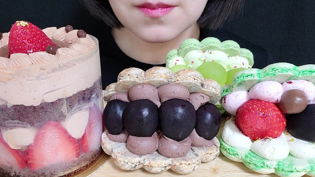 일쩜오플로어 조개마카롱, 피스타치오 라즈베리 조개마카롱, 블랙체리 조개 마카롱, 발로나초코딸기케이크 먹방 clam macaroons, Chocolate Strawberry Cake