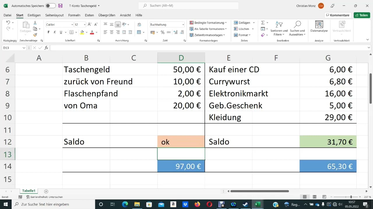 Wenn Dann Formel T-Konto, Excel
