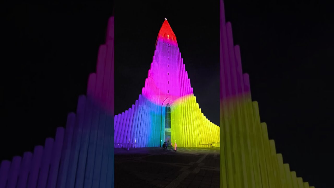 Reykjavík Church illuminated: Art Festival & Northern Lights Colours