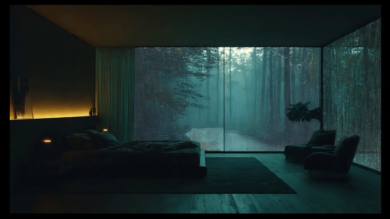 Rainy Night in a Glass Bedroom • Heavy Rain on Windows in the Deep Foggy Forest
