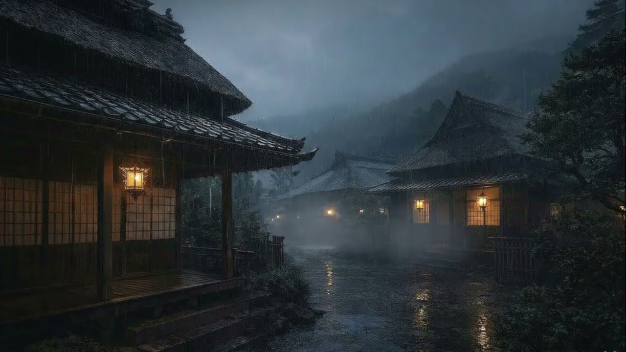 Rainy Night in an Old Japanese Village — Sleep & Relax — 3 Hours