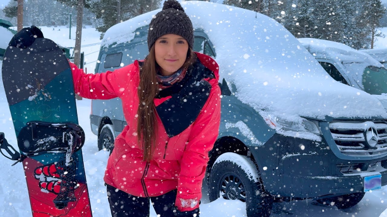 Snow Storm Camping in a Mercedes Sprinter Van at a Ski Resort - Snowboarding Deep Powder!