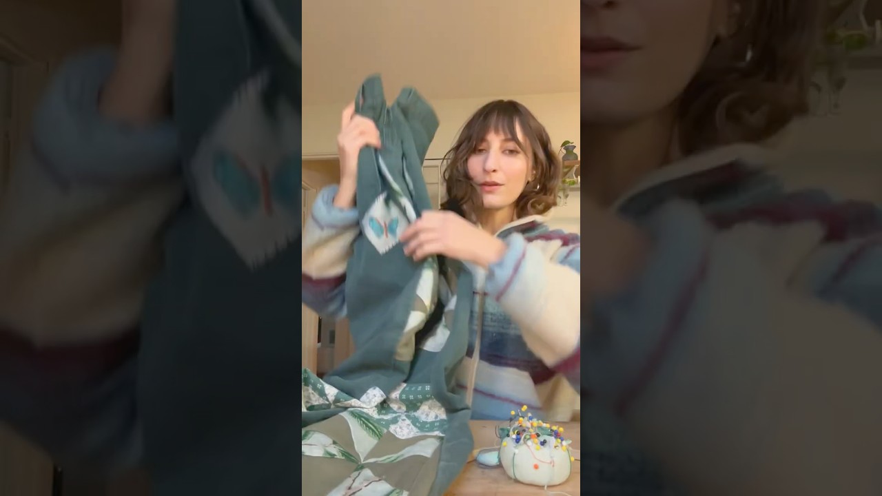 Sewing quilted patchwork green jeans 🌿 #quilting  #sewingvlog #denimupcycle
