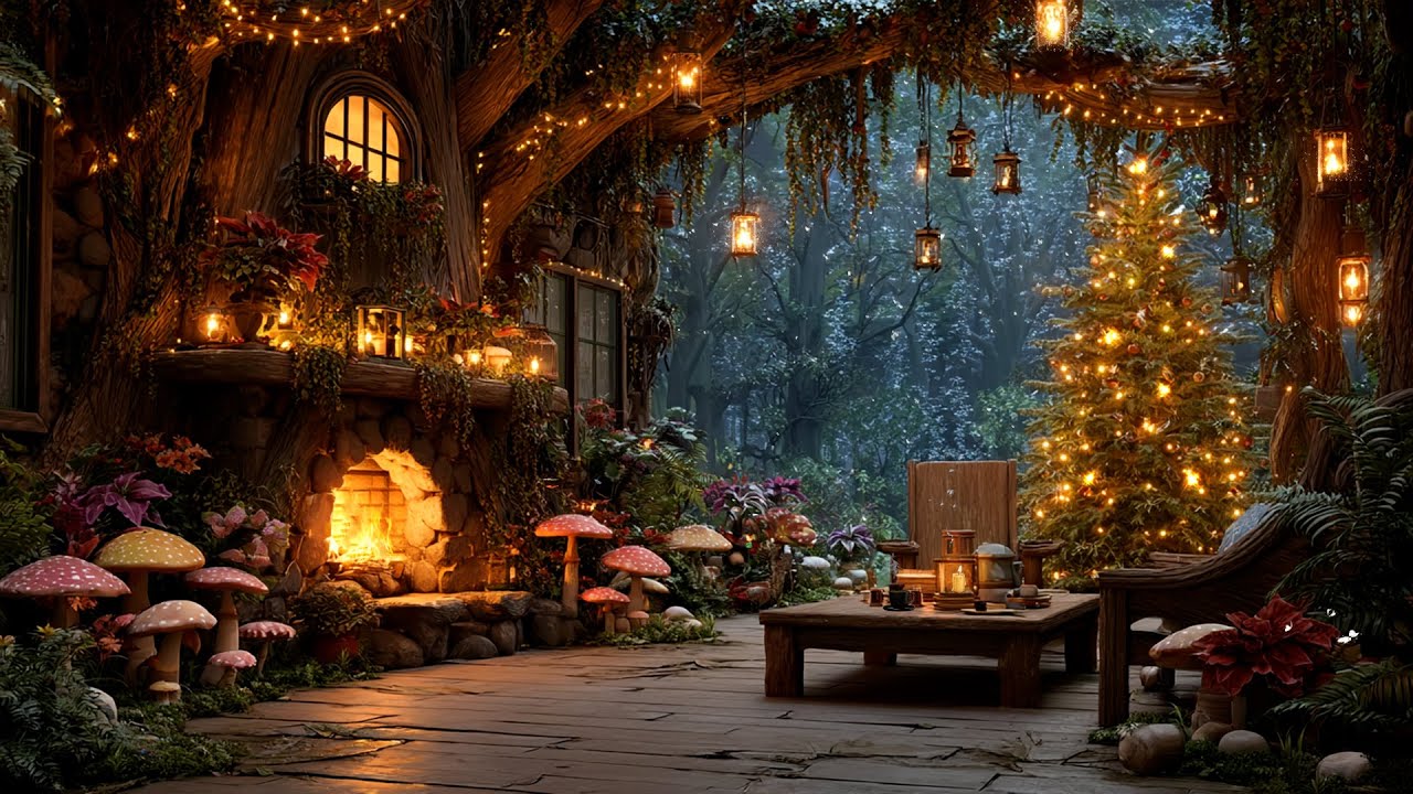 Fantasy Magical Winter Christmas 🎄 Enchanted Forest Music, Calm Fire & Soft Snow for Relax, Heals
