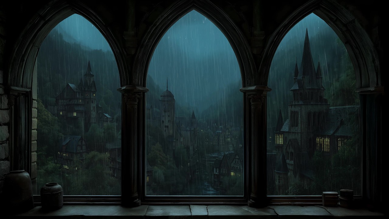 Deep Sleep with Rain and Thunder inside Room with Medieval Castle Window