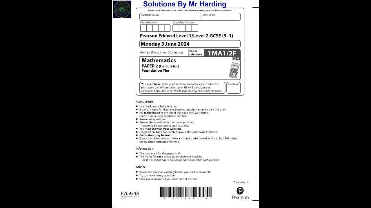 Edexcel - GCSE 9-1 Math - June 2024 - Paper 2F - Solutions By Mr Harding