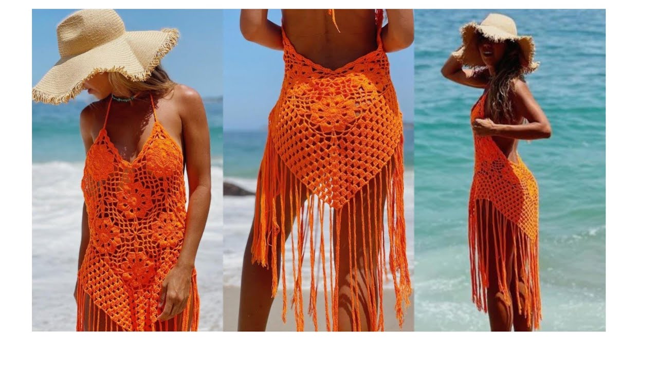 Saída de Praia vestido de crochê com franjas Econômica Do PPao Plus size 1Parte @Jessemartinss