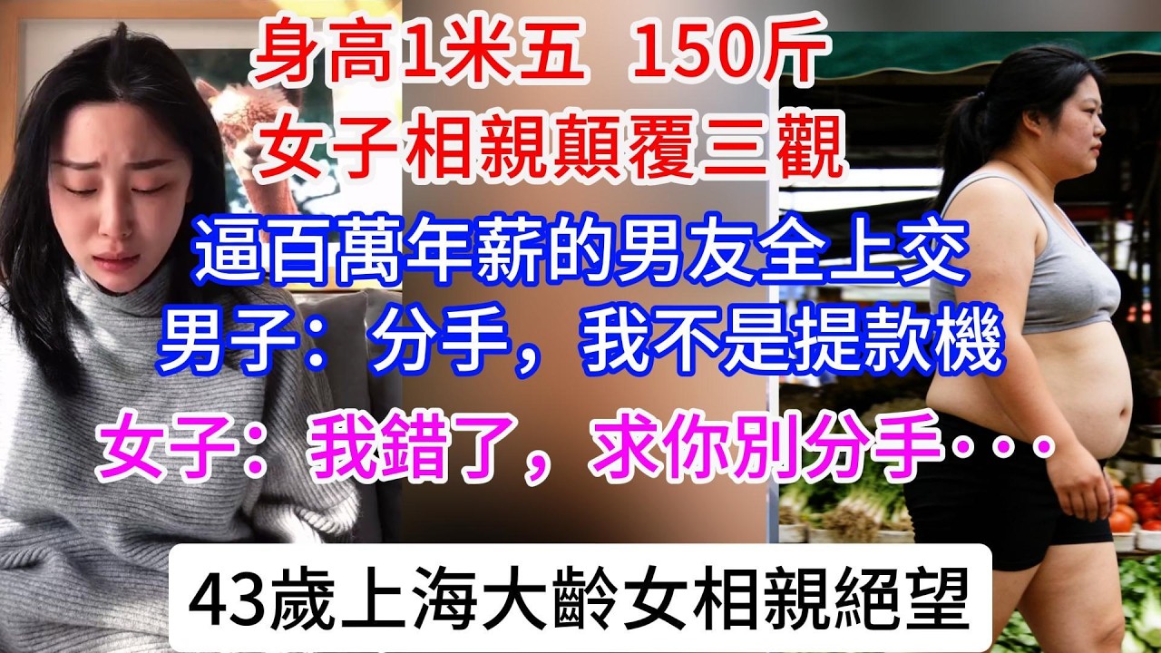 身高1米五，150斤女子相親顛覆三觀，逼百萬年薪的男友上交薪水，男子：你不配，我不是提款機。 女子：我錯了，求你別分手，43歲上海大齡女相親絕望，直言只有高大威猛的外國人才配得上，網友：你在王八許願。