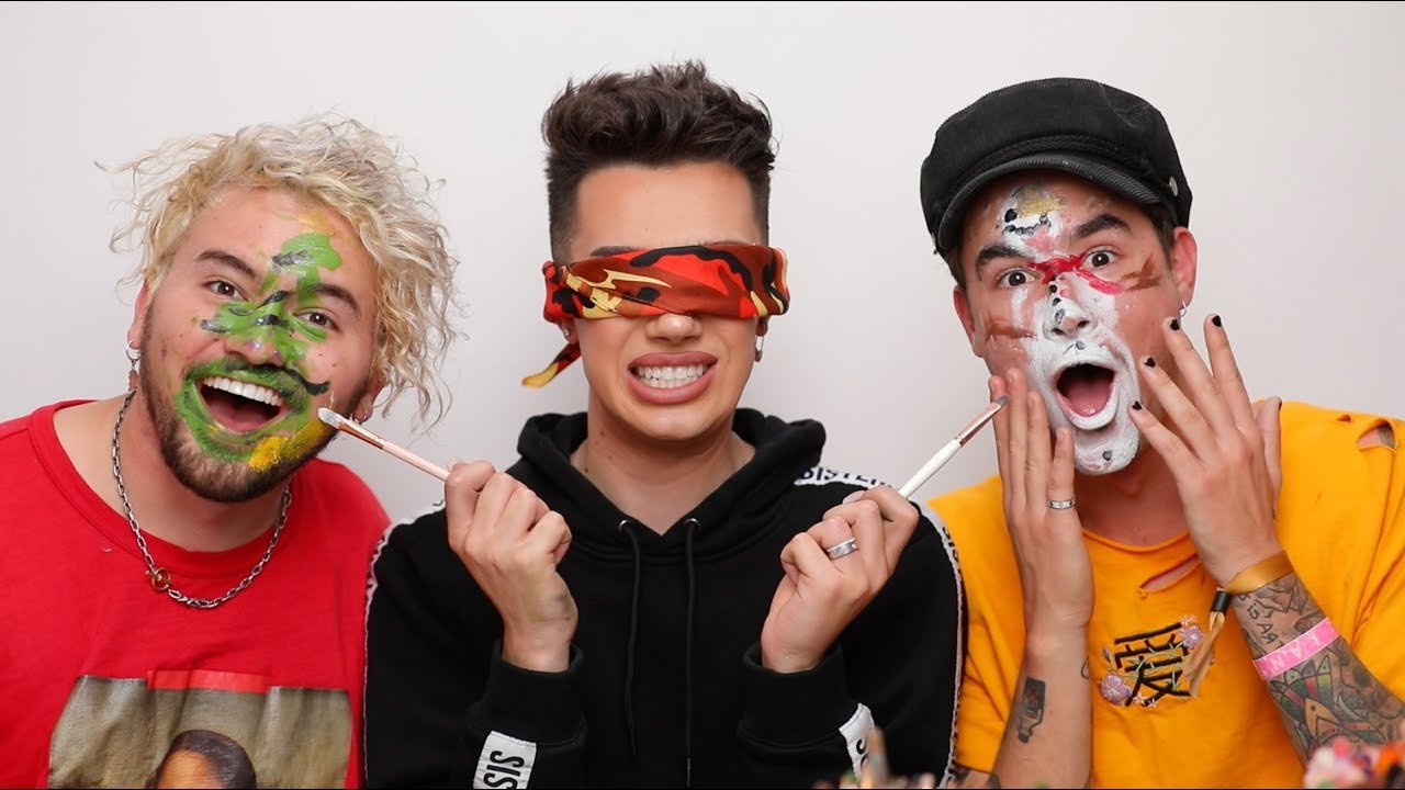 JAMES CHARLES DOES OUR MAKE-UP!! (BLINDFOLDED)