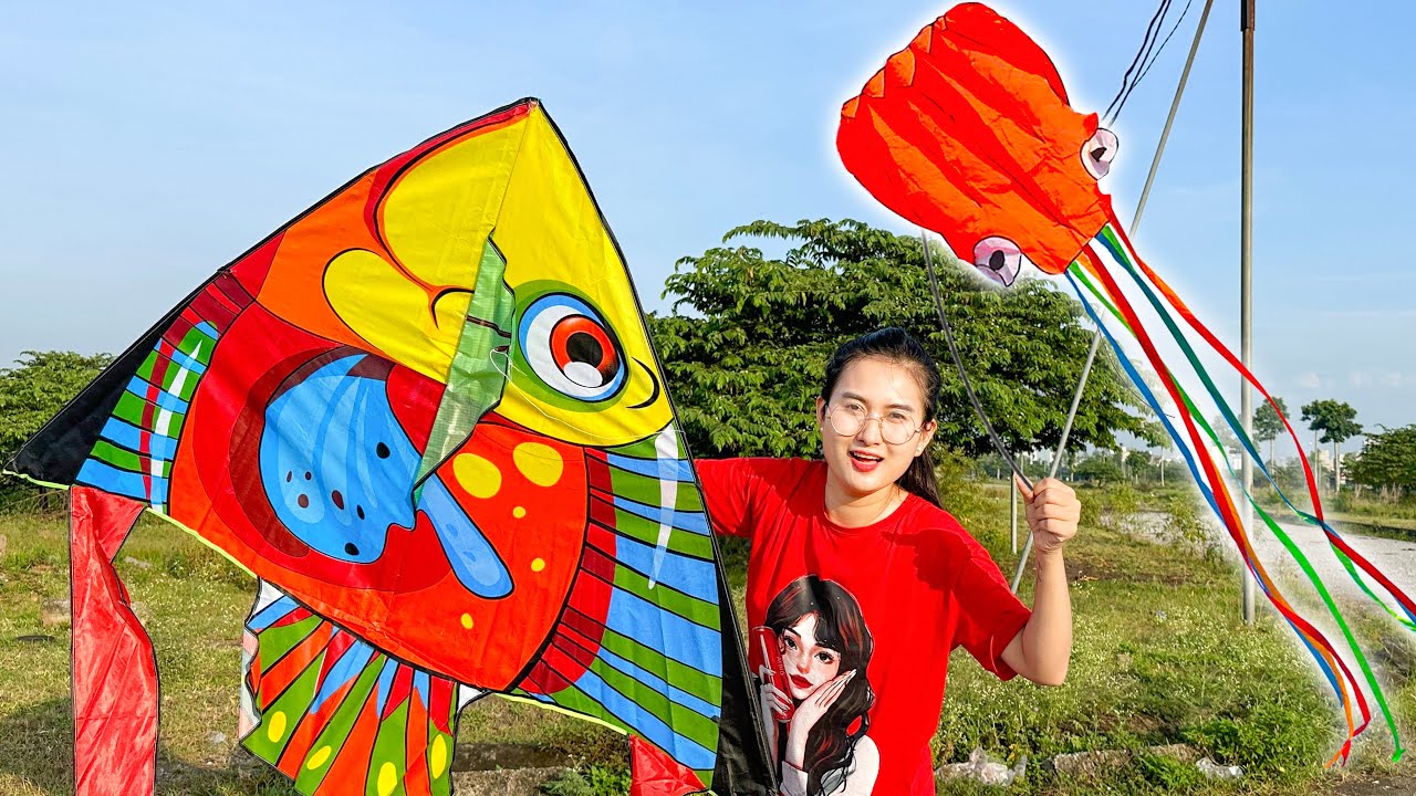 Changcady trổ tài làm diều hình con vật, diều bạch tuộc - bắt cua, bắt cá ngoài đồng