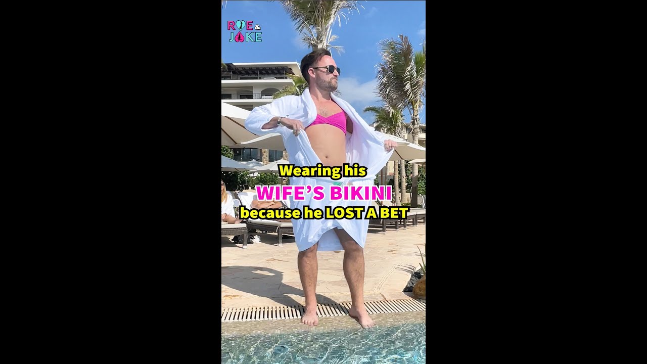 Wearing his WIFE'S BIKINI because he lost a World Cup bet