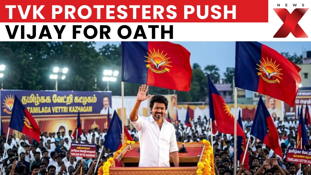 TVK Supporters Protest At Lok Bhavan; Demand Immediate Swearing-In Of Vijay As CM