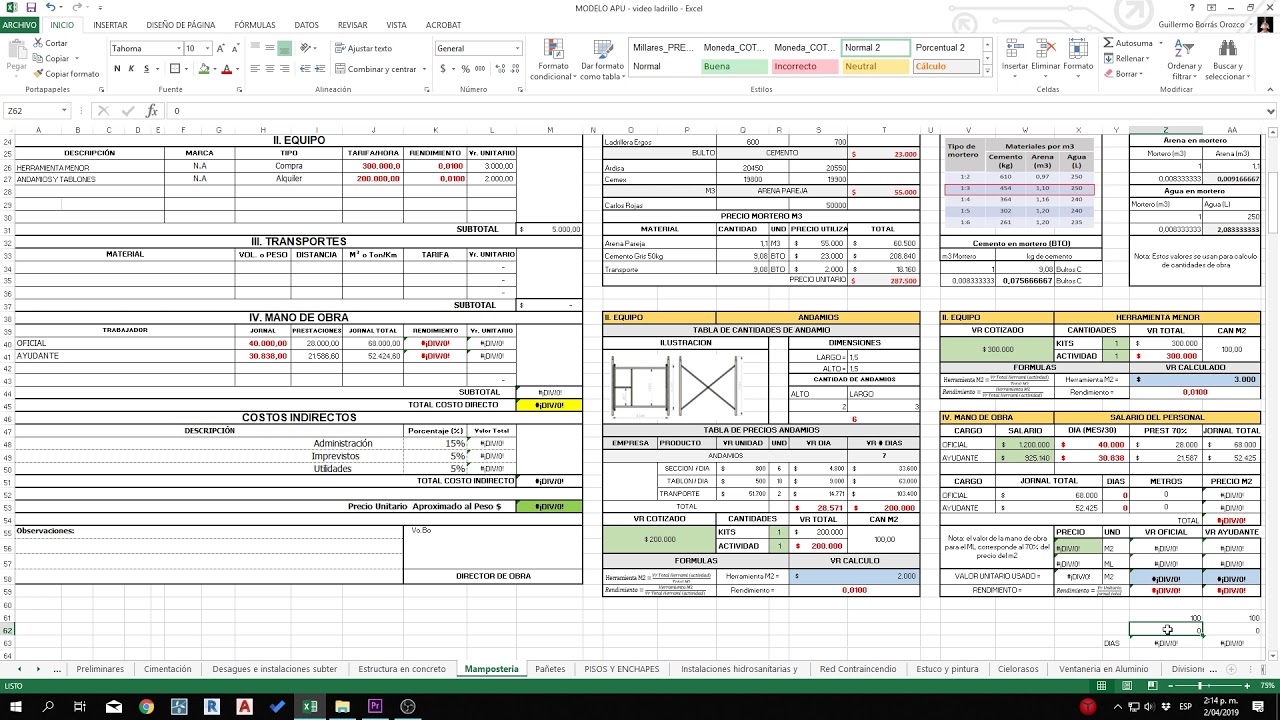 Elaboracion de análisis de precios unitarios APU para presupuestos de obras civiles PARTE II