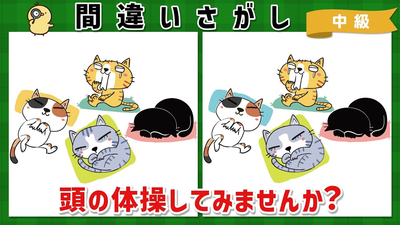 【間違い探し】４匹の猫たちのイラストで脳トレ！高齢者の認知機能向上におすすめ【冬の脳トレ】