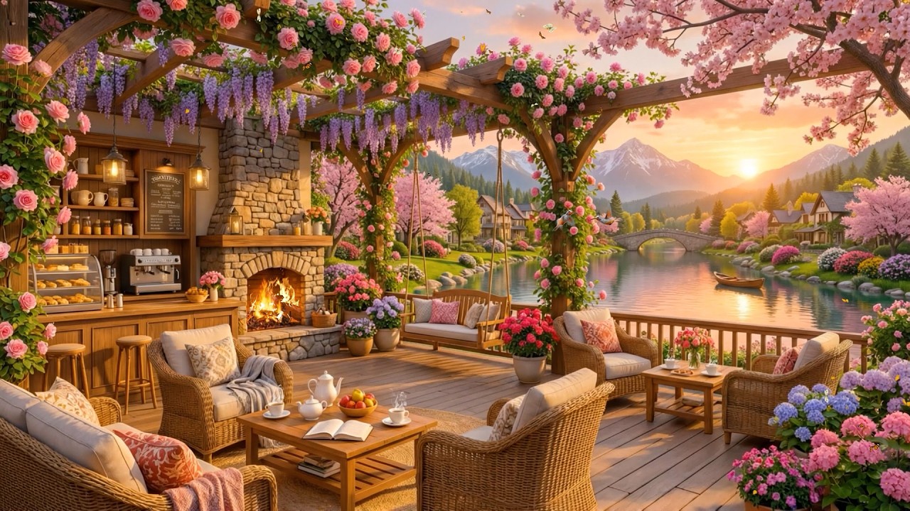 Spring Jazz Music 🌸 Spring Coffee Shop Ambience & Fireplace Sounds