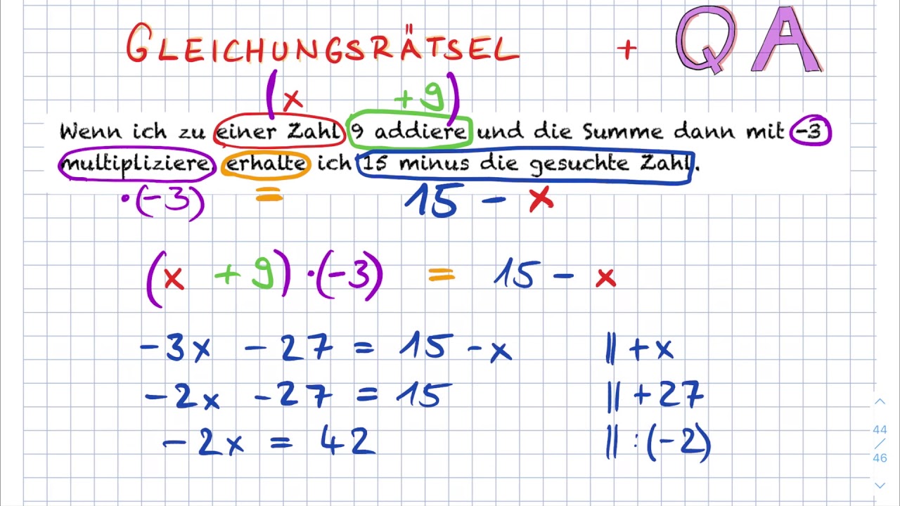 Mathe 12 Zahlenrätsel mit Gleichungen lösen *QA*