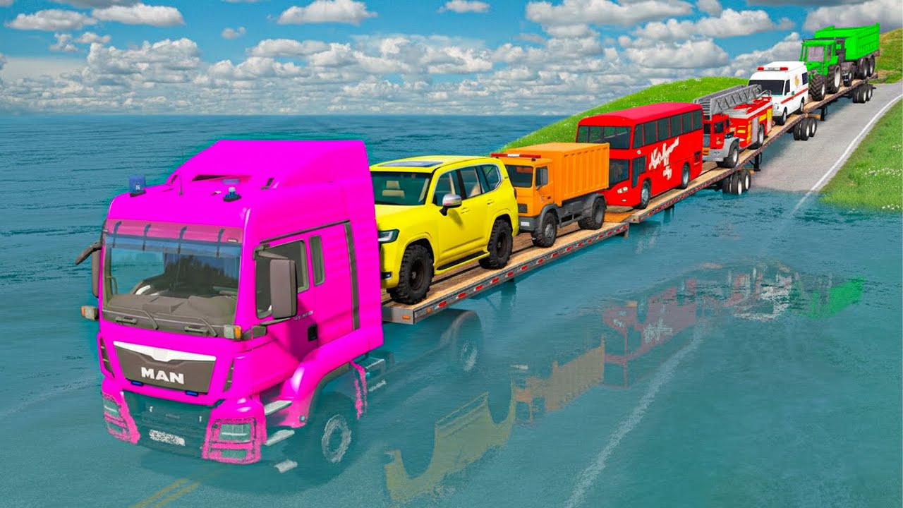 Triple Flatbed Trailer McQueen Transportation with Truck - Speedbumps vs Cars vs Train - BeamNG #15