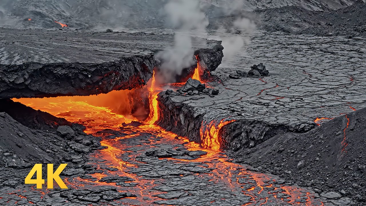 1 Hour | 4K Lava Flow Emerging From Cracked Plateau | Sounds for Sleep Nap