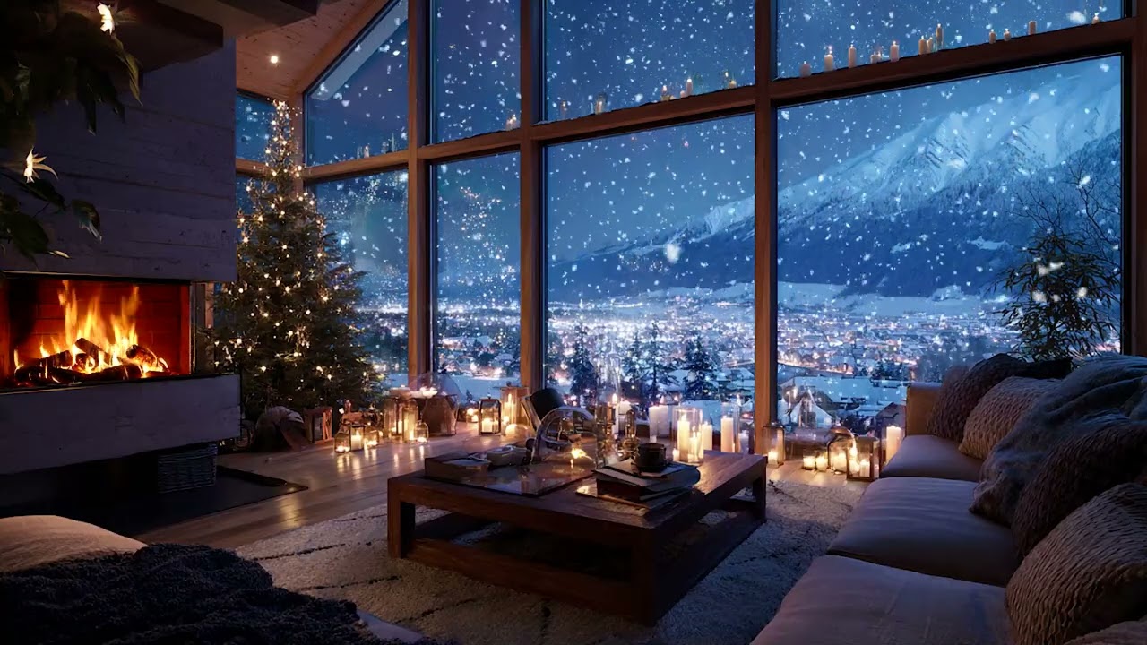 Calm Snowy Cabin Piano Evening | Crackling Fire and Gentle Snow
