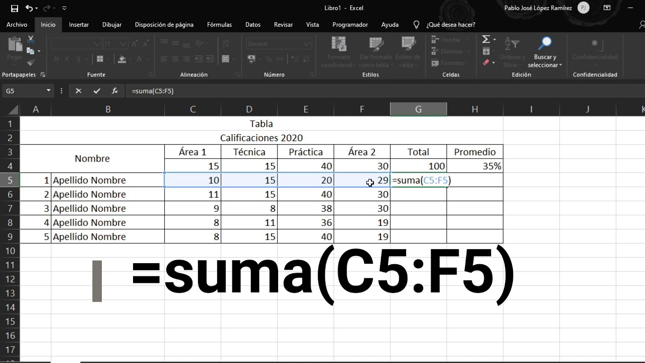 Tabla de calificaciones en M. Excel 2019