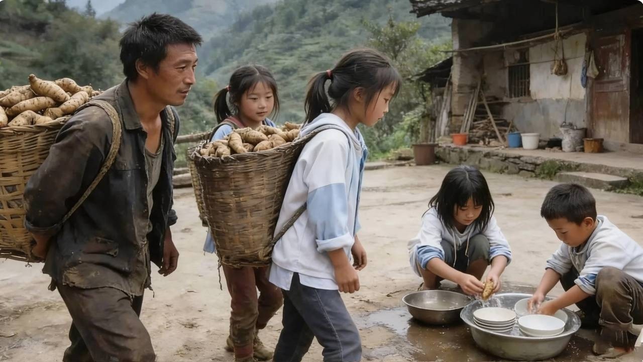 年幼的孩子上山和爸爸一起割天麻，弟弟留守家中洗碗，懂事得让人心疼！#农村 #农村生活 #山区