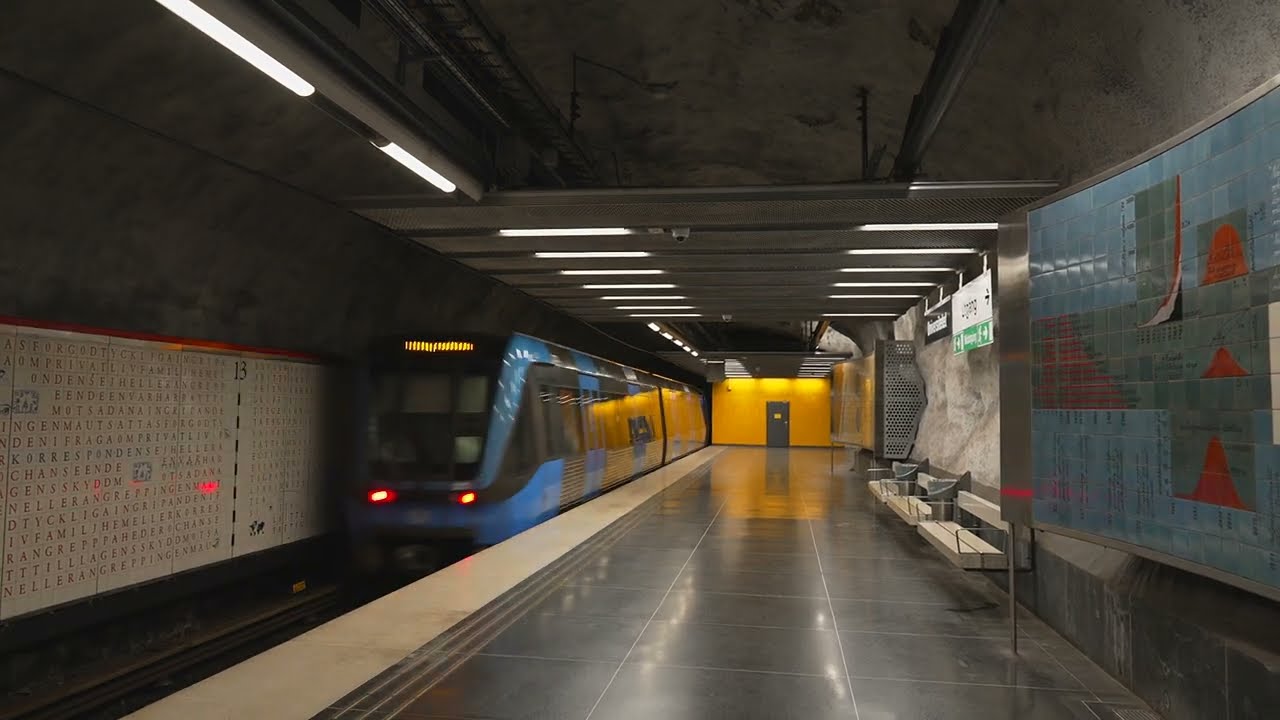 Sweden, Stockholm, subway night ride from Tekniska högskolan to Universitetet