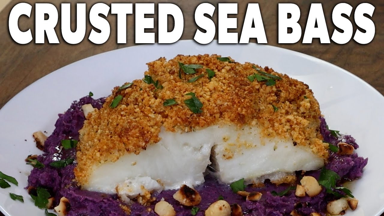 Macadamia Nut Crusted Sea Bass With Mashed Purple Sweet Potatoes