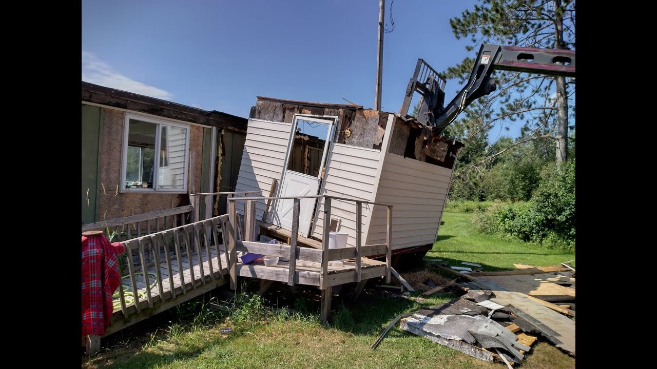 Mobile home restoration ends. THE GUEST HOUSE build begins. Tearing down the mobile home entry.