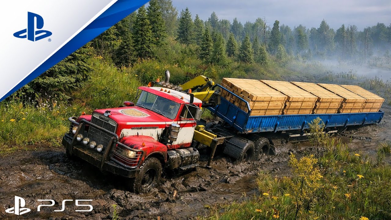 White Western Star 4964 - Hauling Wooden Planks Trailer in HEAVY SWAMP | Snowrunner PS5 Gameplay 