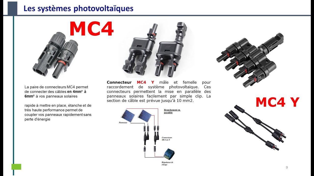 Câblage ou Branchement des panneaux photovoltaïques (PV): Câbles et Connecteurs  MC4/mc4 T/mc4 y