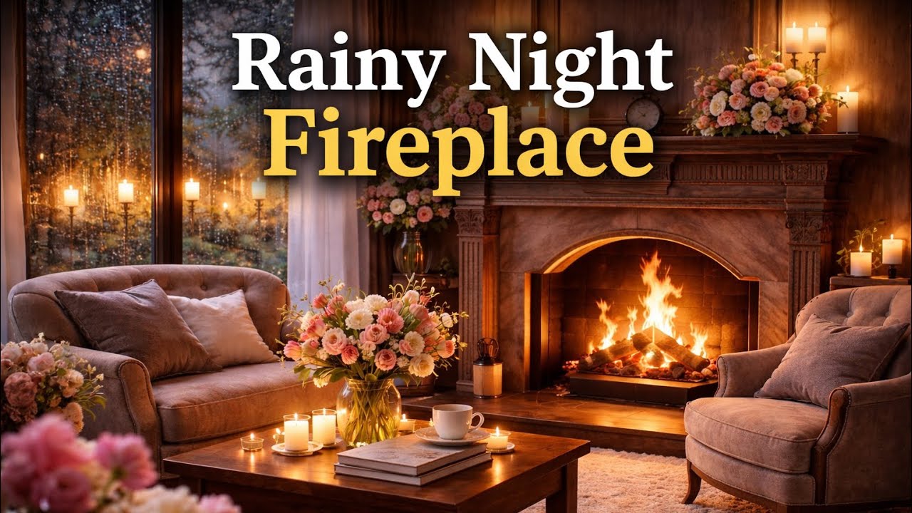 Rainy Night Fireplace | Cozy Living Room Ambience with Crackling Fire for Sleep (3 Hours)