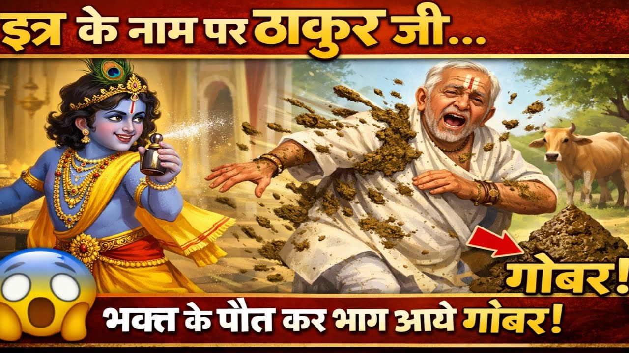 इत्र के नाम पर ठाकुर जी भक्त के पौत कर भाग आये गोबर