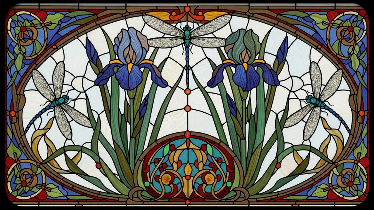Art Nouveau Stained Glass Iris 🪟🦋 | Dragonflies & Floral Elegance | Framed TV Gallery