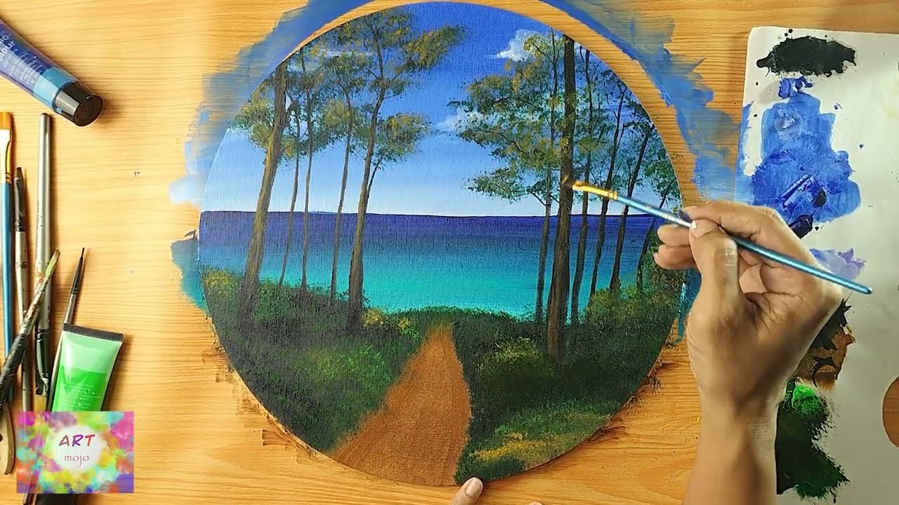 How to paint a landscape path to the sea | sea painting | Round canvas painting