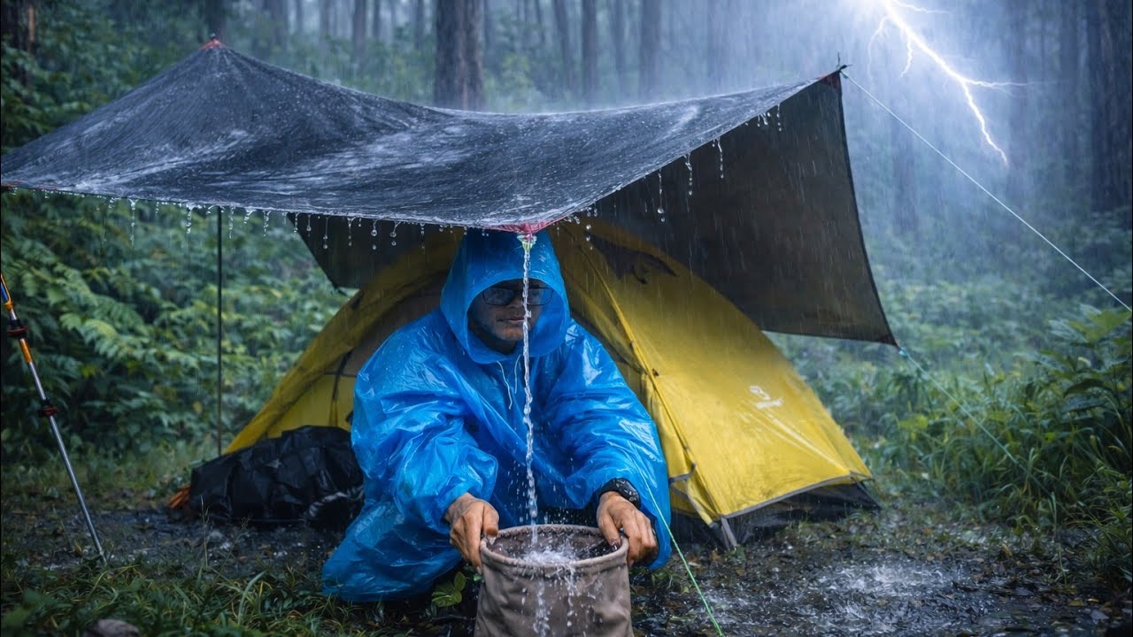 Solo Camping in EXTREME RAIN & STRONG WIND ⛈️ | Heavy Rain Sounds on Tarp