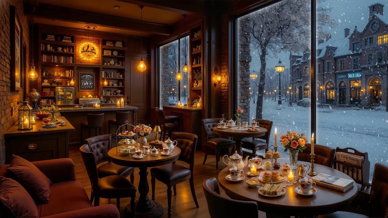 Soft Winter Jazz & Snowy Fall☕Cozy Bookstore Coffee Shop Ambience & Calm Jazz Instrumental to Relax